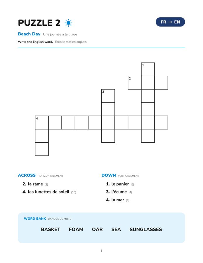 Sample puzzle page: Beach Day, French to English